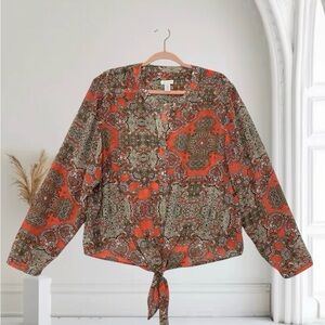 CHICOS Paisley Tie-Front Blouse - Orange and Brown